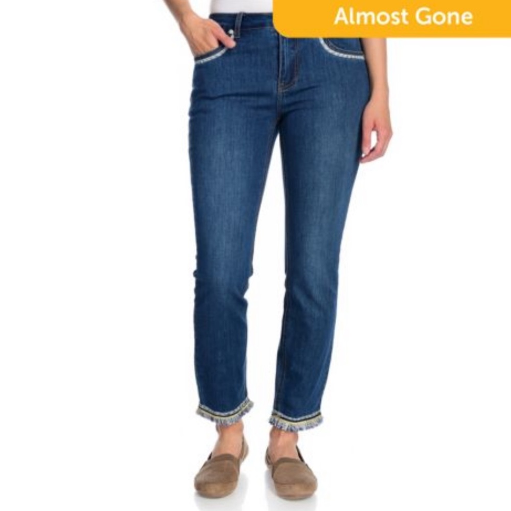 OSO Casuals Stretch Denim 5-Pocket Metallic Trimmed Fringe Cuff Jeans